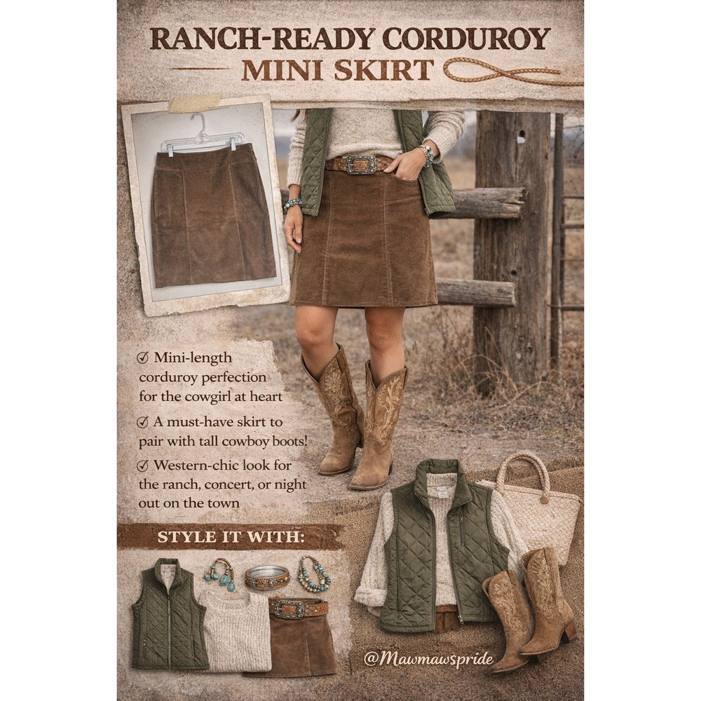 J. Jill Brown‎ Corduroy Mini Skirt 10 RANCH READY Western Boho COASTAL CHIC